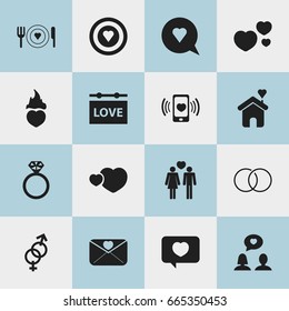 Set Of 16 Editable Love Icons. Includes Symbols Such As Engagement, Beloveds, Dartboard And More. Can Be Used For Web, Mobile, UI And Infographic Design.
