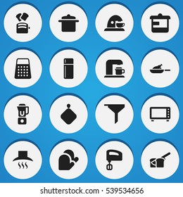 Set Of 16 Editable Meal Icons. Includes Symbols Such As Cookware, Drink Maker, Shredder And More. Can Be Used For Web, Mobile, UI And Infographic Design.