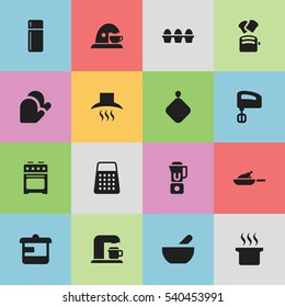Set Of 16 Editable Meal Icons. Includes Symbols Such As Refrigerator , Hand Mixer, Pot-Holder. Can Be Used For Web, Mobile, UI And Infographic Design.