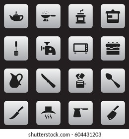 Set Of 16 Editable Meal Icons. Includes Symbols Such As Meat Grinder, Backsword, Sword And More. Can Be Used For Web, Mobile, UI And Infographic Design.