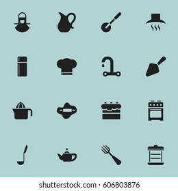 Set Of 16 Editable Meal Icons. Includes Symbols Such As Juicer, Rocker Blade, Refrigerator And More. Can Be Used For Web, Mobile, UI And Infographic Design.