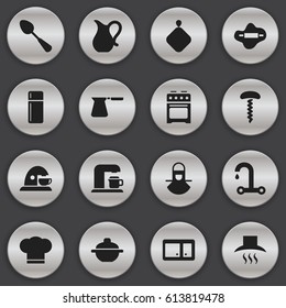 Set Of 16 Editable Meal Icons. Includes Symbols Such As Pot-Holder, Wine Opener, Jug And More. Can Be Used For Web, Mobile, UI And Infographic Design.