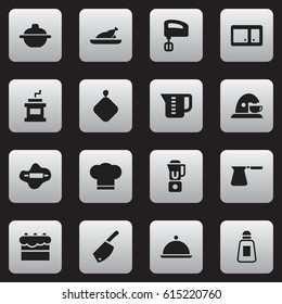 Set Of 16 Editable Meal Icons. Includes Symbols Such As Cook Cap, Coffee Pot, Pastry And More. Can Be Used For Web, Mobile, UI And Infographic Design.