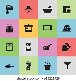 Set Of 16 Editable Meal Icons. Includes Symbols Such As Bakery, Oven, Kitchen Hood And More. Can Be Used For Web, Mobile, UI And Infographic Design.