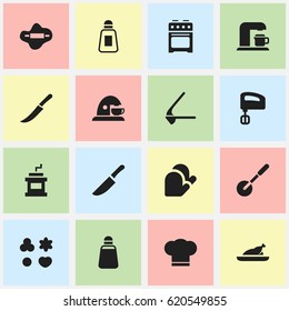 Set Of 16 Editable Meal Icons. Includes Symbols Such As Knife, Crusher, Dough And More. Can Be Used For Web, Mobile, UI And Infographic Design.