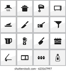 Set Of 16 Editable Meal Icons. Includes Symbols Such As Hand Mixer, Knife, Pastry. Can Be Used For Web, Mobile, UI And Infographic Design.