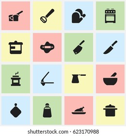 Set Of 16 Editable Meal Icons. Includes Symbols Such As Mocha Grinder, Husker, Coffee Pot And More. Can Be Used For Web, Mobile, UI And Infographic Design.