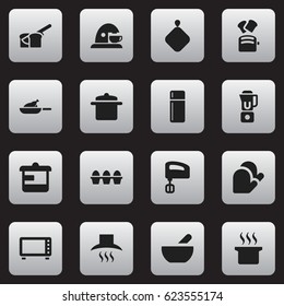 Set Of 16 Editable Meal Icons. Includes Symbols Such As Kitchen Glove, Cookware, Utensil And More. Can Be Used For Web, Mobile, UI And Infographic Design.