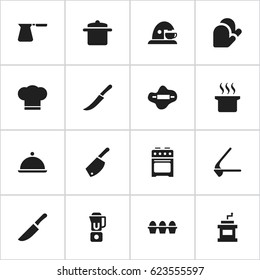 Set Of 16 Editable Meal Icons. Includes Symbols Such As Egg Carton, Kitchen Glove, Cookware And More. Can Be Used For Web, Mobile, UI And Infographic Design.