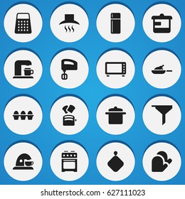 Set Of 16 Editable Meal Icons. Includes Symbols Such As Cookware, Oven, Shredder And More. Can Be Used For Web, Mobile, UI And Infographic Design.