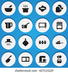 Set Of 16 Editable Meal Icons. Includes Symbols Such As Egg Carton, Kitchen Glove, Stove And More. Can Be Used For Web, Mobile, UI And Infographic Design.