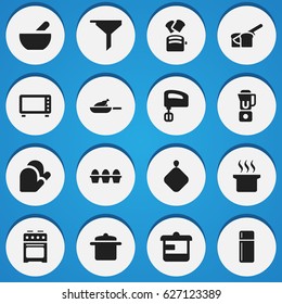 Set Of 16 Editable Meal Icons. Includes Symbols Such As Kitchen Glove, Filtering, Soup Pot And More. Can Be Used For Web, Mobile, UI And Infographic Design.
