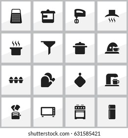 Set Of 16 Editable Meal Icons. Includes Symbols Such As Egg Carton, Slice Bread, Kitchen Hood And More. Can Be Used For Web, Mobile, UI And Infographic Design.
