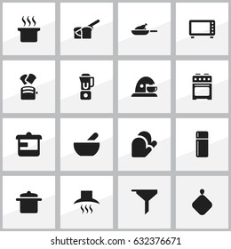 Set Of 16 Editable Meal Icons. Includes Symbols Such As Pot-Holder, Bakery, Kitchen Hood And More. Can Be Used For Web, Mobile, UI And Infographic Design.