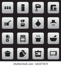 Set Of 16 Editable Meal Icons. Includes Symbols Such As Kitchen Hood, Hand Mixer, Bakery. Can Be Used For Web, Mobile, UI And Infographic Design.