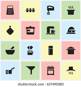 Set Of 16 Editable Meal Icons. Includes Symbols Such As Soup, Agitator, Shredder And More. Can Be Used For Web, Mobile, UI And Infographic Design.