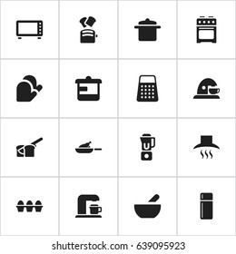 Set Of 16 Editable Meal Icons. Includes Symbols Such As Refrigerator, Shredder, Grill And More. Can Be Used For Web, Mobile, UI And Infographic Design.
