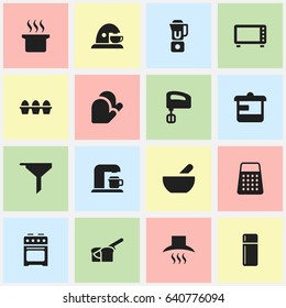 Set Of 16 Editable Meal Icons. Includes Symbols Such As Shredder, Soup Pot, Utensil And More. Can Be Used For Web, Mobile, UI And Infographic Design.