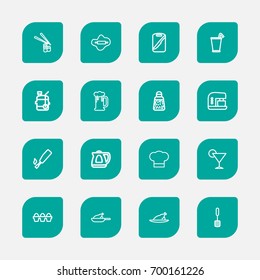 Set Of 16 Editable Meal Outline Icons. Includes Symbols Such As Sushi Rolls, Rolling Pin, Board And More. Can Be Used For Web, Mobile, UI And Infographic Design.