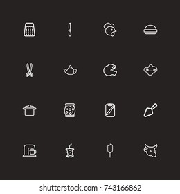 Set Of 16 Editable Meal Outline Icons. Includes Symbols Such As Board, Rasp, Shears And More. Can Be Used For Web, Mobile, UI And Infographic Design.