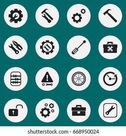 Set Of 16 Editable Mechanic Icons. Includes Symbols Such As Arithmetic, Instrument, Cogwheels And More. Can Be Used For Web, Mobile, UI And Infographic Design.