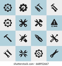 Set Of 16 Editable Mechanic Icons. Includes Symbols Such As Handle Hit, Spanner , Pliers Hammer. Can Be Used For Web, Mobile, UI And Infographic Design.