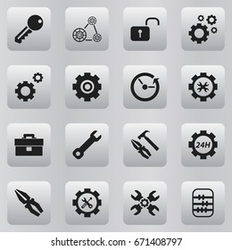 Set Of 16 Editable Mechanic Icons. Includes Symbols Such As Technical Support, Portfolio, Wrench And More. Can Be Used For Web, Mobile, UI And Infographic Design.