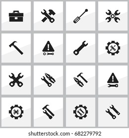 Set Of 16 Editable Mechanic Icons. Includes Symbols Such As Pliers Hammer, Handle Hit, Instrument. Can Be Used For Web, Mobile, UI And Infographic Design.