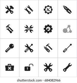 Set Of 16 Editable Mechanic Icons. Includes Symbols Such As Service, Wrench, Cambelt And More. Can Be Used For Web, Mobile, UI And Infographic Design.