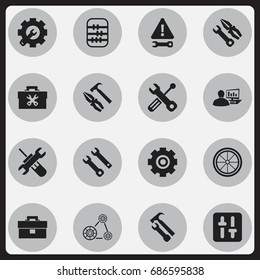 Set Of 16 Editable Mechanic Icons. Includes Symbols Such As Instrument, Arithmetic, Warning And More. Can Be Used For Web, Mobile, UI And Infographic Design.