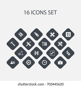 Set Of 16 Editable Mechanic Icons. Includes Symbols Such As Fix Tool, Spanner, Equalizer And More. Can Be Used For Web, Mobile, UI And Infographic Design.