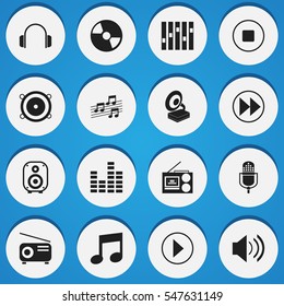 Set Of 16 Editable Media Icons. Includes Symbols Such As Microphone, Phonograph, Media Fm And More. Can Be Used For Web, Mobile, UI And Infographic Design.