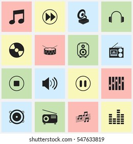 Set Of 16 Editable Media Icons. Includes Symbols Such As Speaker, Break Music, Sound And More. Can Be Used For Web, Mobile, UI And Infographic Design.