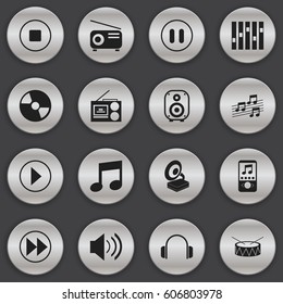 Set Of 16 Editable Media Icons. Includes Symbols Such As Sound, Speaker, Earphone And More. Can Be Used For Web, Mobile, UI And Infographic Design.