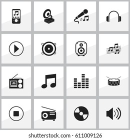 Set Of 16 Editable Media Icons. Includes Symbols Such As Break Music, Earphone, Bar Wave And More. Can Be Used For Web, Mobile, UI And Infographic Design.