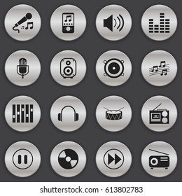 Set Of 16 Editable Media Icons. Includes Symbols Such As Karaoke, Stop, Disc And More. Can Be Used For Web, Mobile, UI And Infographic Design.