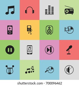 Set Of 16 Editable Media Icons. Includes Symbols Such As Musical Instrument, Melody Seeking, Speaker And More. Can Be Used For Web, Mobile, UI And Infographic Design.