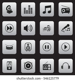 Set Of 16 Editable Melody Icons. Includes Symbols Such As Media Fm, Speaker, Musical Sign And More. Can Be Used For Web, Mobile, UI And Infographic Design.