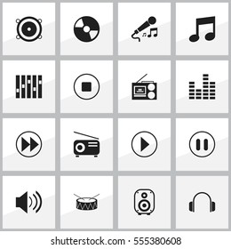 Set Of 16 Editable Melody Icons. Includes Symbols Such As Bass Speakers, Equalizer, Music And More. Can Be Used For Web, Mobile, UI And Infographic Design.