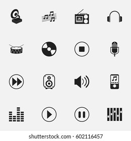 Set Of 16 Editable Melody Icons. Includes Symbols Such As Rewind, Cassette Player, Disc And More. Can Be Used For Web, Mobile, UI And Infographic Design.