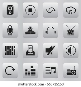 Set Of 16 Editable Melody Icons. Includes Symbols Such As Bar Wave, Media Device, Sound Amplifier And More. Can Be Used For Web, Mobile, UI And Infographic Design.