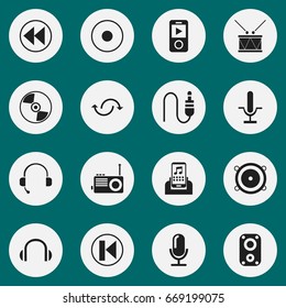Set Of 16 Editable Melody Icons. Includes Symbols Such As Headphones, Previous, Stereo Plug And More. Can Be Used For Web, Mobile, UI And Infographic Design.
