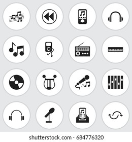 Set Of 16 Editable Melody Icons. Includes Symbols Such As Mixing, Musical Instrument, Music Phone And More. Can Be Used For Web, Mobile, UI And Infographic Design.
