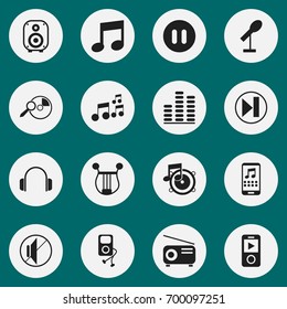 Set Of 16 Editable Melody Icons. Includes Symbols Such As Speaker, Media Fm, Mp3 Player And More. Can Be Used For Web, Mobile, UI And Infographic Design.
