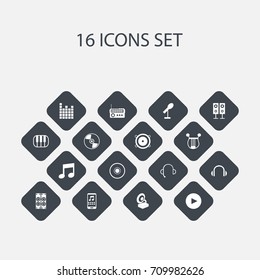 Set Of 16 Editable Melody Icons. Includes Symbols Such As Cd, Synthesizer, Studio Device And More. Can Be Used For Web, Mobile, UI And Infographic Design.