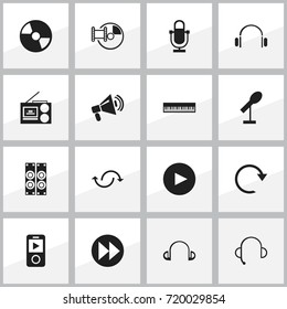 Set Of 16 Editable Melody Icons. Includes Symbols Such As Earpiece, Play Button, Disc And More. Can Be Used For Web, Mobile, UI And Infographic Design.
