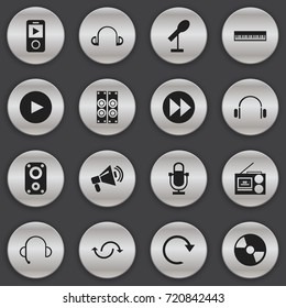 Set Of 16 Editable Melody Icons. Includes Symbols Such As Cassette Player, Disc, Ahead And More. Can Be Used For Web, Mobile, UI And Infographic Design.