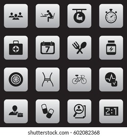 Set Of 16 Editable Mixed Icons. Includes Symbols Such As Biceps, Search, Chronometer And More. Can Be Used For Web, Mobile, UI And Infographic Design.