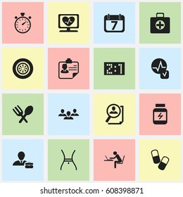 Set Of 16 Editable Mixed Icons. Includes Symbols Such As Heartbeat, Identification, Date Block And More. Can Be Used For Web, Mobile, UI And Infographic Design.