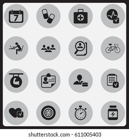 Set Of 16 Editable Mixed Icons. Includes Symbols Such As Identification, Chronometer, Drug And More. Can Be Used For Web, Mobile, UI And Infographic Design.